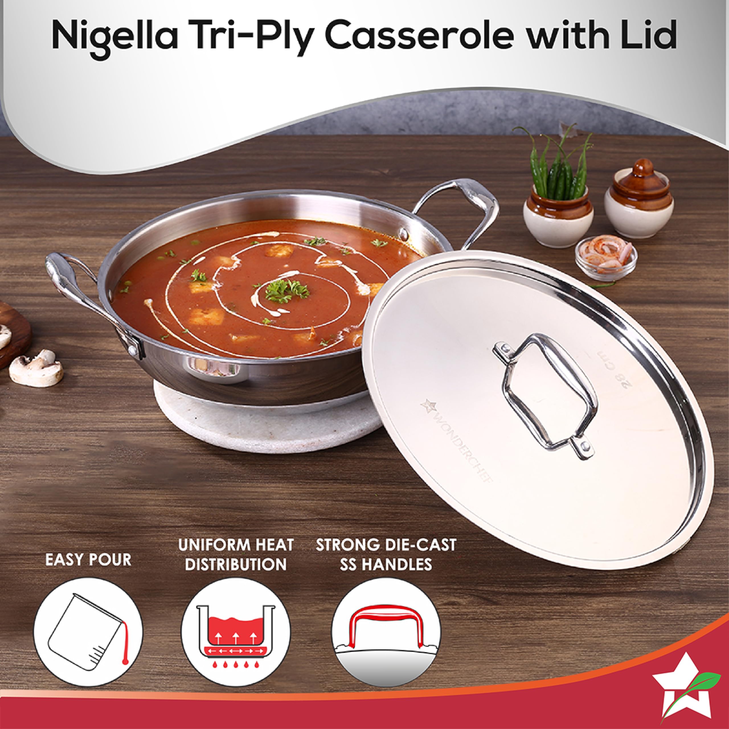 Wonderchef Nigella 28 cm Tri-ply Stainless Steel Kadhai with Lid 4.1 L