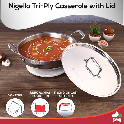 Wonderchef Nigella 28 cm Tri-ply Stainless Steel Kadhai with Lid 4.1 L