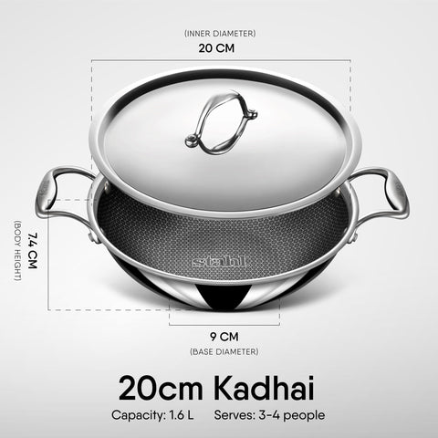 Stahl Artisan Hybrid Triply Non Stick Kadai with Lid, Stainless Steel Kadai for Cooking, Triply Kadhai Metal Spatula Friendly, Induction & Gas Stove Compatible, 1.6 L, 20 cm