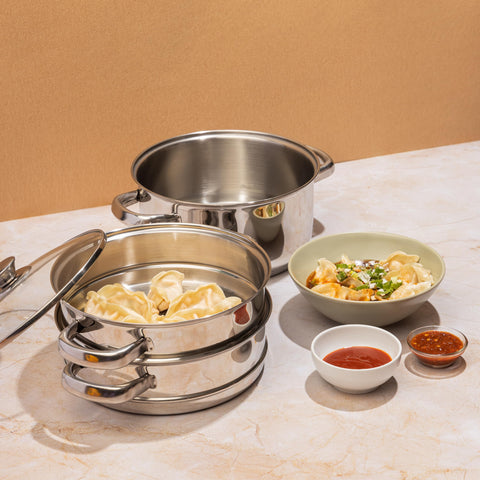 Vinod Stainless Steel 3-Tier Steamer with Glass Lid, 20 cm | 2.5 mm Thick Base | Multi-Purpose Steamer for Momos, Modaks, Vegetables & More | Riveted Handles | Induction & Gas Base | 2 Yr Warranty