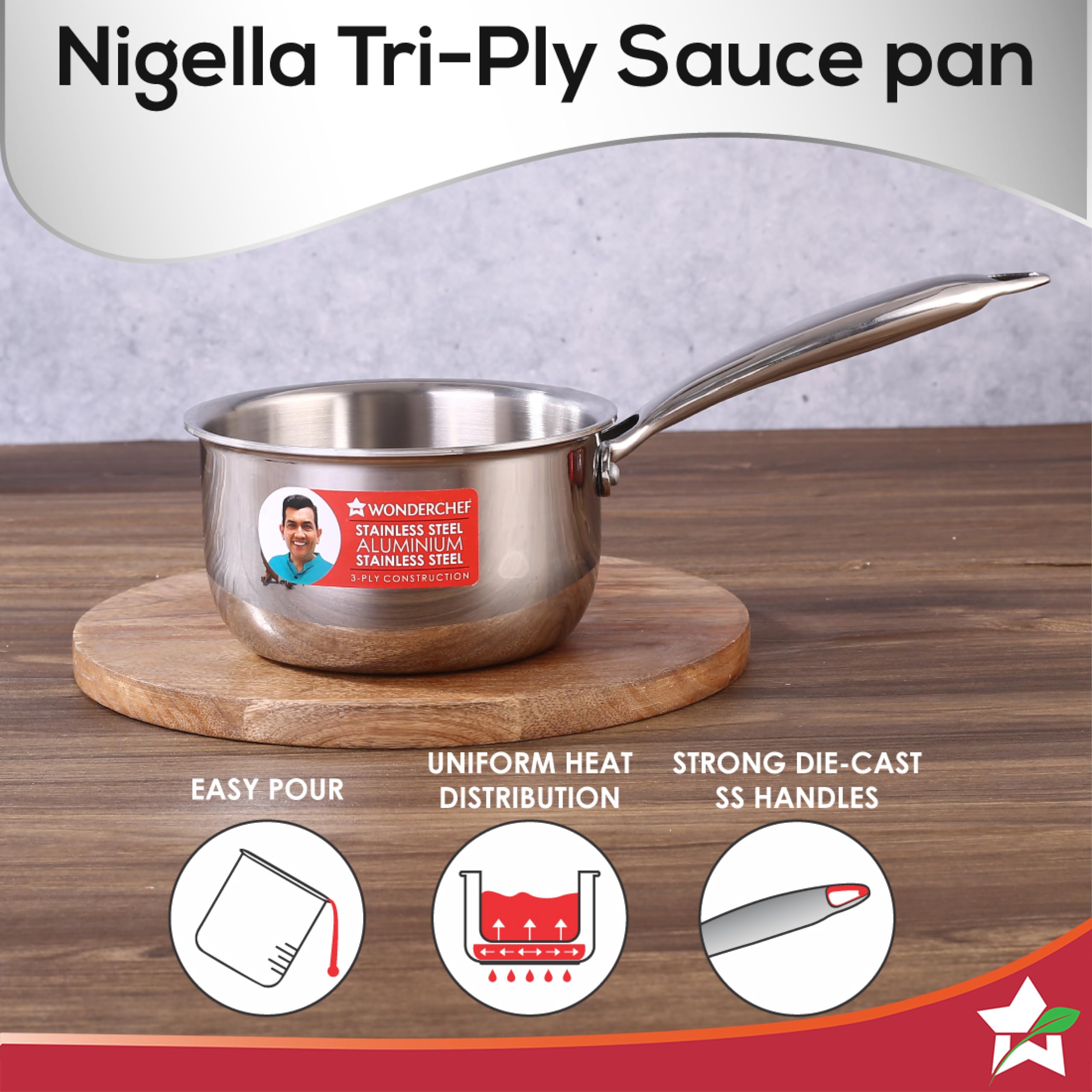 Wonderchef Nigella 18 cm Tri-ply Stainless Steel Saucepan – 2.2 L