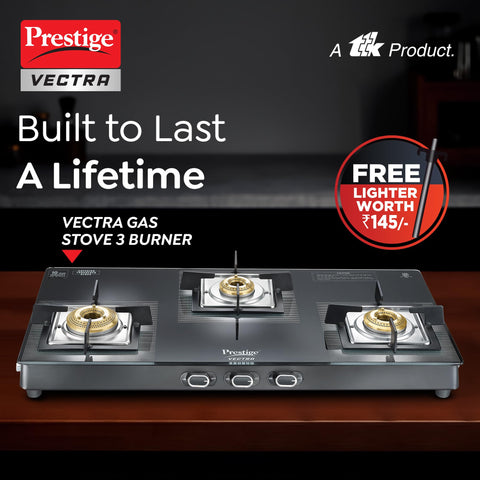 Prestige Vectra 3 Burner Glasstop Gas Stove|Superior Toughened Glass|Jumbo Brass Burner|3-Way Gas Inlet|360 Degree Revolving Nozzle|10 Years Warranty on Glass|Black,open