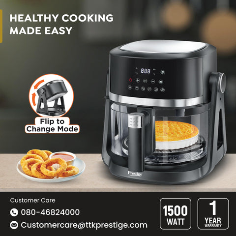 Prestige AirFlip 4.5L Air Fryer | Dual Mode - Air Frying & Grilling | 360° View Glass Basket | 80% less Oil Consumption | 5 Preset Menu | 1500 Watts | Easy to Clean | 1Y Warranty | ISI Certified