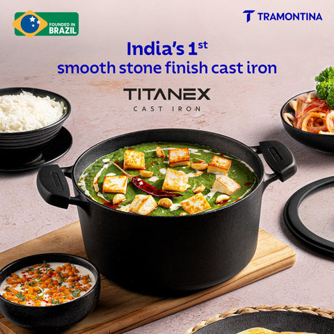 Tramontina TITANEX 24cm/4.9L Pre-Seasoned Heritage Cast Iron Casserole with Toughened Glass Lid | Gas/Induction Compatible Biryani Pot | Stock Pot with Snap-On Silicone Grips | Life-Time Warranty*