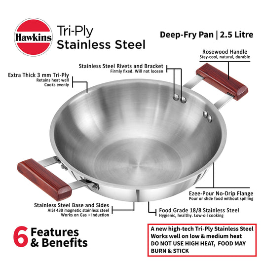 Hawkins - Ssf26 Tri-Ply Stainless Steel Frying Pan 26 cm Tri-Ply Stainless Steel Deep-Fry Pan 2.5 Litre