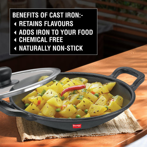Prestige Cast Iron Cookware Black Appachetty with Glass Lid 20cm|Even Heat Distribution| Scratch Resistant | Gas and Induction Compatible | Heavy Gauge-Lasts for Generations