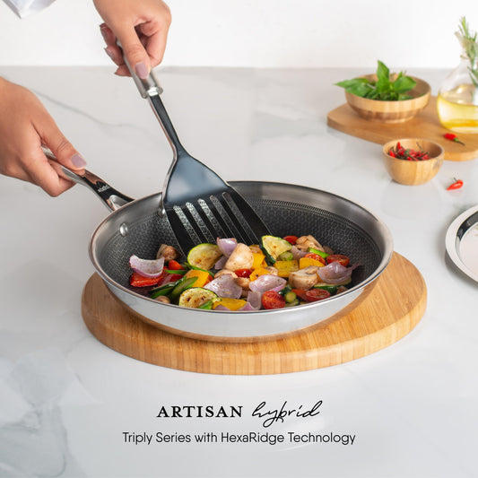 Stahl Artisan Hybrid 2 L, 24 cm Triply Frying Pan with Lid | Induction & Gas Stove Compatible | Honeycomb Non Stick Fry Pan, Metal Spoon Friendly