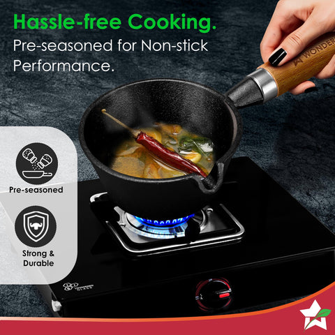 Wonderchef Ferro Light-Weight Cast-Iron Tadka Pan for Tempering, 40% Lighter, Pre-Seasoned with 100% Vegetable Oil, Chemical-Free, Induction-Friendly, Long Cool-Touch Wood Handles, 10-Yr Warranty