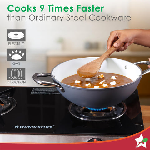 Wonderchef Eco-Glide Kadhai with Glass Lid | | Chemical-Free Ceramic Coating | 24cm, 2.5L | Healthy, Low Oil Meals | Scratch-Resistant | Stainless-Steel Handle | Gas & Induction Compatible | Grey