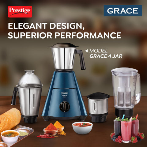 Prestige Grace 750W 4 Jars Mixer Grinder with 3 Stainless Steel Jars & 1 Juice Extracter Jar With Sieve|4 Super Efficient Blades|Sturdy Handles|Dome Shaped Lid|Blue & Black