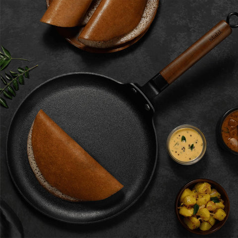 Stahl Blacksmith Signature Dosa Tawa | Flat Cast Iron Pan for Dosas, Pancakes, Chilas, and More | Pre-Seasoned, Induction & Gas Compatible | Acacia Wood Handle | 30cm Tawa