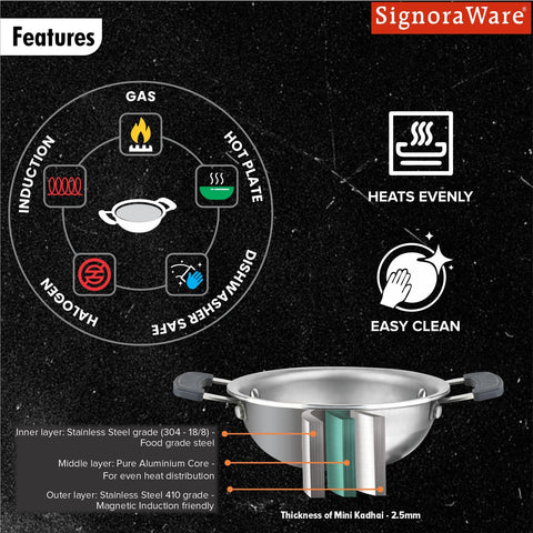 SignoraWare Artista Stainless Steel Cookware Mini Kadhai |Ideal for Pakoras, Sautéed vegetables, Aloo fry or Small Portions Of Fritters | Best for Frying & Roasting Spices |Great for Melting & Mixing