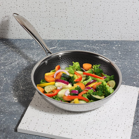 Vinod SAS Pro Platinum Triply Stainless Steel Hybrid Non Stick Frypan - 24 cm | Etched Hexa Design Stick-Resistant Surface | Healthy Cooking | Metal Spatula Safe | Induction & Gas Base | Toxin Free