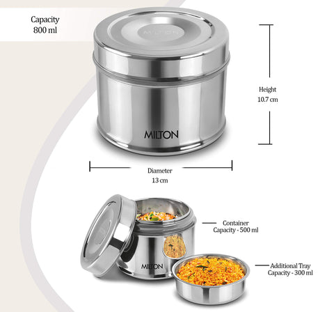 MILTON Steel Snack Stainless Steel Medium Tiffin, 800 ml, Steel Plain