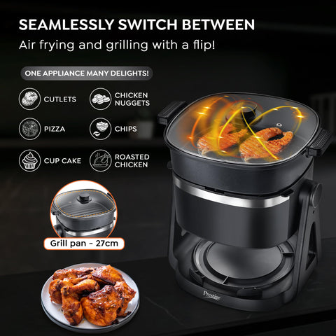 Prestige AirFlip 4.5L Air Fryer | Dual Mode - Air Frying & Grilling | 360° View Glass Basket | 80% less Oil Consumption | 5 Preset Menu | 1500 Watts | Easy to Clean | 1Y Warranty | ISI Certified