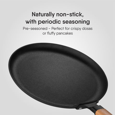 Stahl Blacksmith Signature Dosa Tawa | Flat Cast Iron Pan for Dosas, Pancakes, Chilas, and More | Pre-Seasoned, Induction & Gas Compatible | Beechwood Handle | 28cm