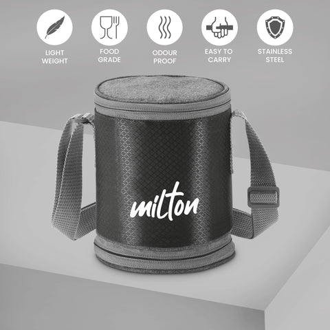 MILTON Expando 3+1 Lunch Box (4 Stainless Steel Container, 200 ml, 320 ml, 320 ml, 500 ml) with Insulated Jacket, Black | Leak & Odour Proof | Food Grade | Easy to Carry | Office | College