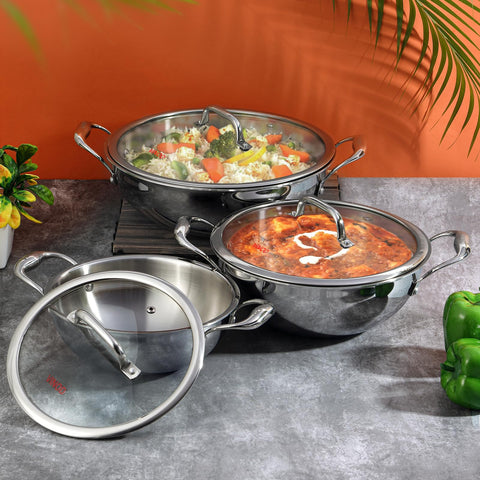 Vinod Platinum Triply Stainless Steel Extra Deep Kadai with Glass Lid - 26 cm | Even Heating, Less Oil Healthy Cooking, Heavy Bottom Induction Cookware Kadhai for Cooking & Frying