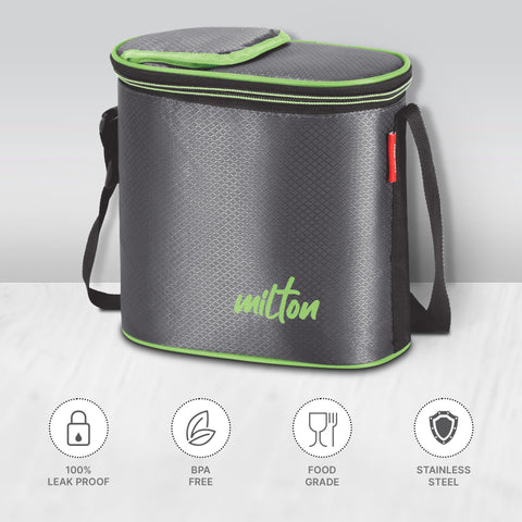 MILTON Arista Lunch Box (3 Microwave Safe Inner Steel Containers, 320 ml Each; 1 Stainless Steel Bottle, 475 ml) with Insulated Fabric Jacket, Grey