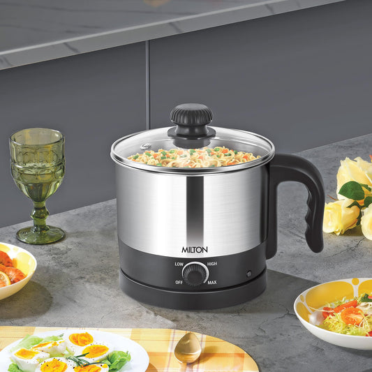 Milton Kitchen Essential Euroline Go Electro Electric Cooker With Glass Lid, 600 Watt, 1.2 Litres, Multi-Purpose Kettle Cum Steamer for Instant Noodles, Eggs, Cordless Pot