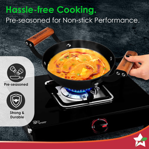 Wonderchef Ferro Light-Weight Cast-Iron Kadhai, 18cm, 40% Lighter, Pre-Seasoned with 100% Vegetable Oil, Non-Toxic, Chemical-Free, Induction-Friendly, Long Cool-Touch Wood Handles, 10-Yr Warranty