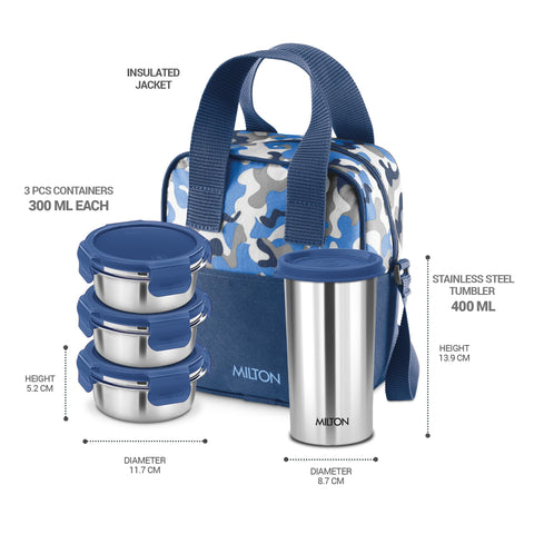 MILTON Camo Feast Stainless Steel Tiffin (3 Click Lock Round Containers, 300 ml Each; 1 Tumbler, 400 ml) with Insulated Jacket, Blue