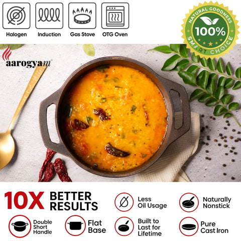 Aarogyam Cast Iron Flat Kadhai - 10 inch (31 cm), Weight 2.6 Kgs - Pre-Seasoned | Gas & Induction Compatible | Non-Toxic | Naturally Non-Stick | Oven Safe
