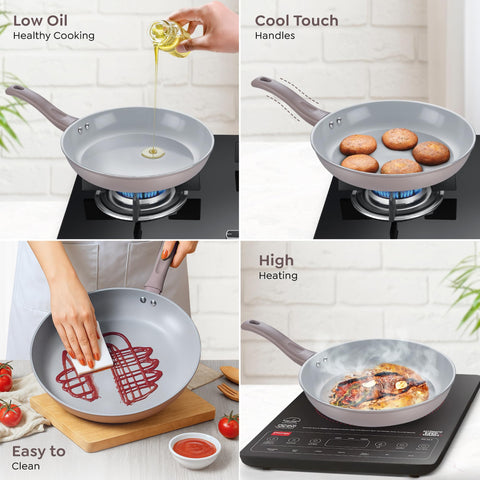 Prestige Ceraglide Duo Frypan 28Cm/2.3L Non-Stick Ceramic Coating|Works On Gas & Induction|High Heating|Cool Touch Handle|Grey