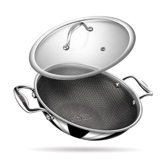 Stahl Artisan Hybrid Triply Non Stick Kadai with Lid 2.4 L, 24 cm, Stainless Steel Kadai for Cooking, Triply Kadhai Metal Spatula Friendly, Induction & Gas Stove Compatible,