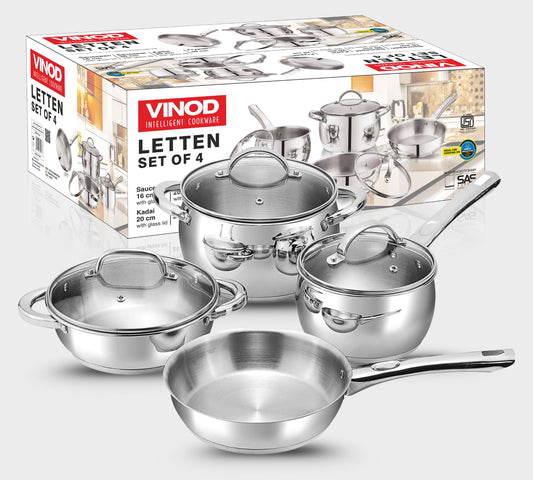Vinod Letten Stainless Steel Cookware Set,4 Pcs,Frypan 1.5 L,Kadai 2 L,Saucepan 2.2 L,Saucepot 4.2 Litre with Glass Lid,Even Heating SAS Bottom,Belly Shape,Induction Base,Gift Combo Pack,Silver