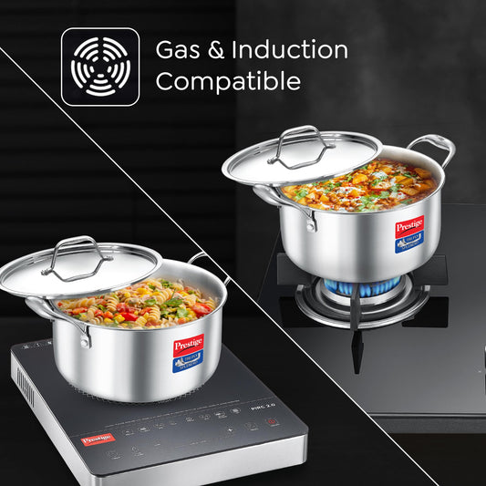Prestige 20cm/3.2L Tri-Ply Stainless Steel Splendid Casserole| Gas and Induction Compatible |Even Heat Distribution| Thick Gauge Tri-Ply Body| Perma Cool Handles| 15 Year Warranty
