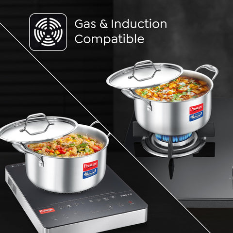 Prestige 20cm/3.2L Tri-Ply Stainless Steel Splendid Casserole| Gas and Induction Compatible |Even Heat Distribution| Thick Gauge Tri-Ply Body| Perma Cool Handles| 15 Year Warranty