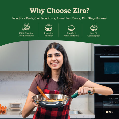 Zira Triply Stainless Steel Frying Pan with Steamer Lid | 24cm, 2.0L | Fire Proof, Anti Slip Silicone Handle | Induction & Gas Friendly Triply Frying Pan | 2.5mm Thick Heavy Bottom | 10 Year Warranty