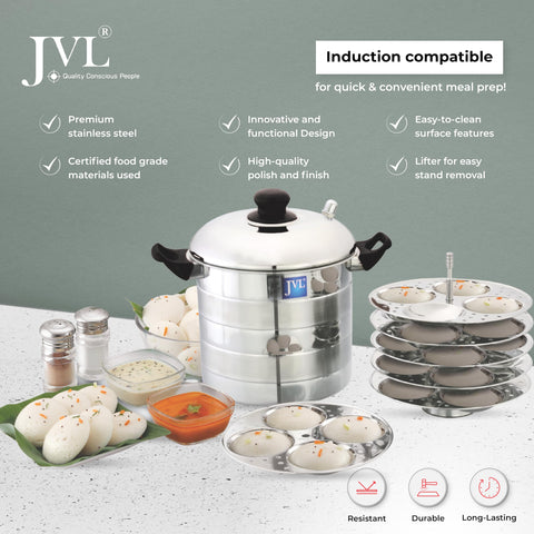 JVL 6P Stainless Steel Round Shape Idly Maker || 6 Plates Each with Plain Lid