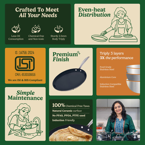 Zira Triply Ceramic Dosa Tawa 30cm | 100% Chemical Free Ceramic Surface, Premium Triply Base | Smooth Stick-Free Surface | Minimal Oil Usage | Fast Even Heating | Induction Use | ISI | 5 Year Warranty