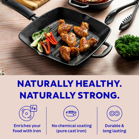 Tramontina Titanex 27 cm Pre-Seasoned Cast Iron Grill Pan, Non-Toxic, Induction Ready, Easy Hold Non-Slip Heat-Resistant Grip, Deep Ridges for Enhanced Texture & Fat Release, Spouts for Easy Deglazing