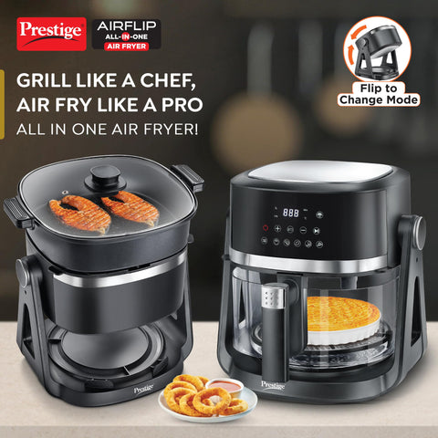 Prestige AirFlip 4.5L Air Fryer | Dual Mode - Air Frying & Grilling | 360° View Glass Basket | 80% less Oil Consumption | 5 Preset Menu | 1500 Watts | Easy to Clean | 1Y Warranty | ISI Certified
