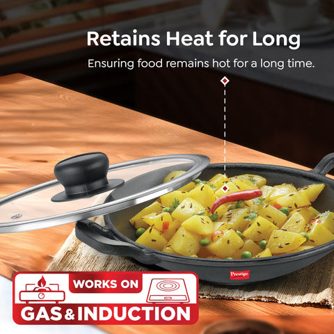 Prestige Cast Iron Cookware Black Appachetty with Glass Lid 20cm|Even Heat Distribution| Scratch Resistant | Gas and Induction Compatible | Heavy Gauge-Lasts for Generations
