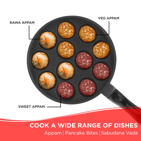 Vinod Zest Non-Stick Paniyarakkal with Glass Lid, 22 cm Diameter | 3-Layer Coating | Metal Spoon Friendly | PFOA-Free | Gas Stove Compatible | 1 Year Warranty