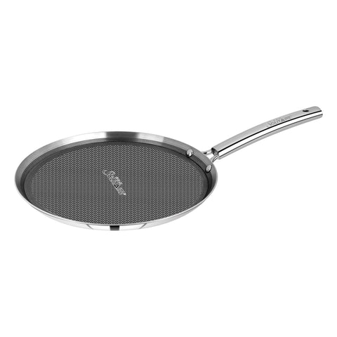 CDM SOLITAIRE Prizm Honey Comb Triply Stainless Steel Dosa Tawa - 28 cm | 2.5 mm Thick | Hexa Design | Metal Spoon Friendly | Riveted Handle | Gas, Induction Base | 5-Year Warranty