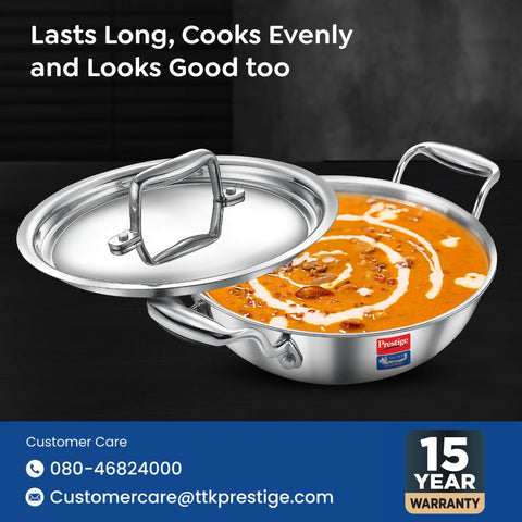 Prestige 32cm/6.0L Tri-Ply Stainless Steel Splendid Kadai with Lid|Gas and Induction Compatible|Even Heat Distribution| Thick Gauge Tri-Ply Body| Perma Cool Handles|15 Year Warranty