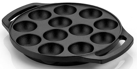 VARUDI Cast Iron Pre-Seasoned Paniyaram Appam Pan, Ponganalu Pan, Chatti Appam Maker, 12 Cavity, Black, 8 Inch Diameter
