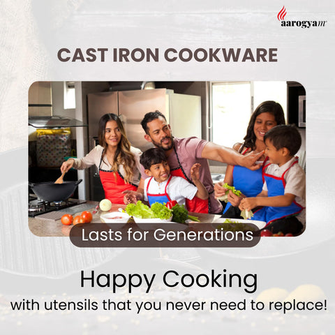 Aarogyam Cast Iron Grill Pan – 10-inch (25 cms) | Round| Short Double Handle | Pre-Seasoned | Gas & Induction Compatible | Non-Toxic | Naturally Non-Stick | Oven Safe (2.2 Kgs)