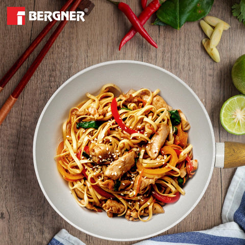 Bergner Naturally Forged Aluminum 28 cm Wok, 3.3 Liters Non-Stick Wok with Marble Coating, Soft Touch Handle, Even Heat Distribution, Comes with Non-Woven Trivet, Induction Bottom &amp; Gas Stove Ready