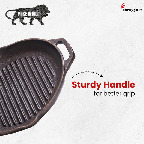 Aarogyam Cast Iron Grill Pan – 10-inch (25 cms) | Round| Short Double Handle | Pre-Seasoned | Gas & Induction Compatible | Non-Toxic | Naturally Non-Stick | Oven Safe (2.2 Kgs)
