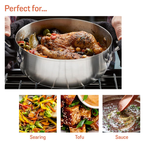 Meyer Select Nickel Free Stainless Steel Sauteuse with Glass Lid | Steel Saute Pan with Triply Base| Frying Pan with Lid | Gas and Induction Suitable | 28cm/ 4.77 Litre, Silver