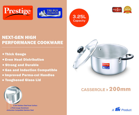 Prestige 20cm/3.25L Tri-Ply Stainless Steel Splendor Casserole with Glass Lid|Gas and Induction Compatible| Even Heat Distribution|Strong and Durable| Perma-Cool Handles