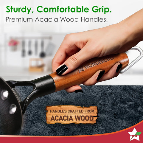 Wonderchef Ferro Light-Weight Cast-Iron Fry Pan, 16cm, 40% Lighter, Pre-Seasoned with 100% Vegetable Oil, Non-Toxic, Chemical-Free, Induction-Friendly, Long Cool-Touch Wood Handles, 10-Yr Warranty