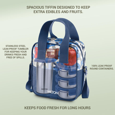 MILTON Camo Feast Stainless Steel Tiffin (3 Click Lock Round Containers, 300 ml Each; 1 Tumbler, 400 ml) with Insulated Jacket, Blue