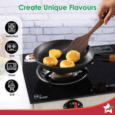 Wonderchef Pre-Seasoned Ferro Light 20cm Cast Iron Fry Pan | 800 ml | Acacia Wooden Handles | Gravity Moulding Technology | No Chemical Coating | 10 Year Warranty